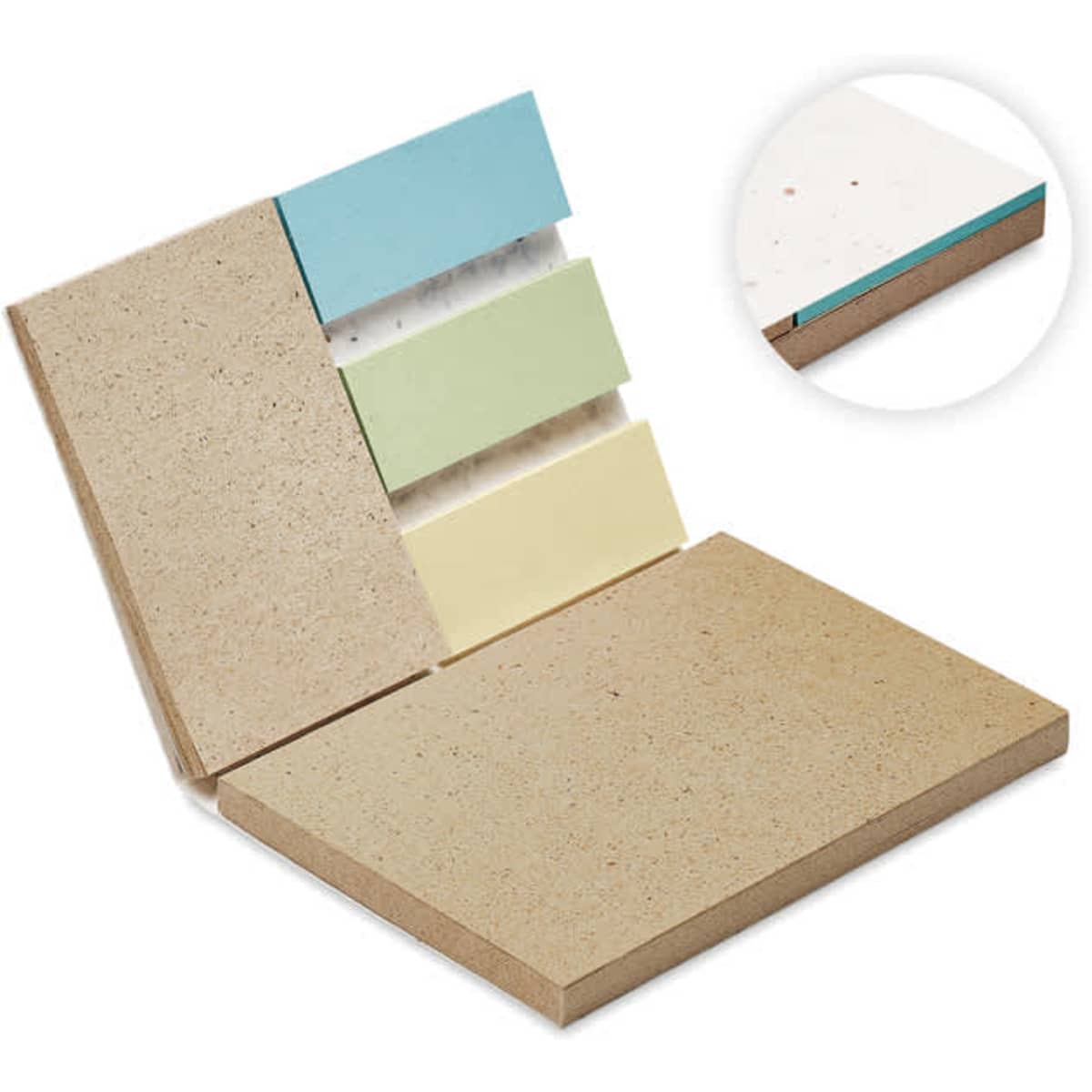 A notebook with a textured beige cover, featuring four coloured tabs in blue, green, yellow, and white.