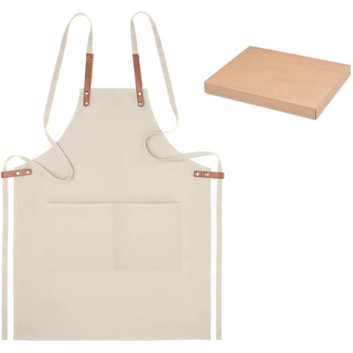 A light beige apron with leather straps and a front pocket, alongside a plain brown box.