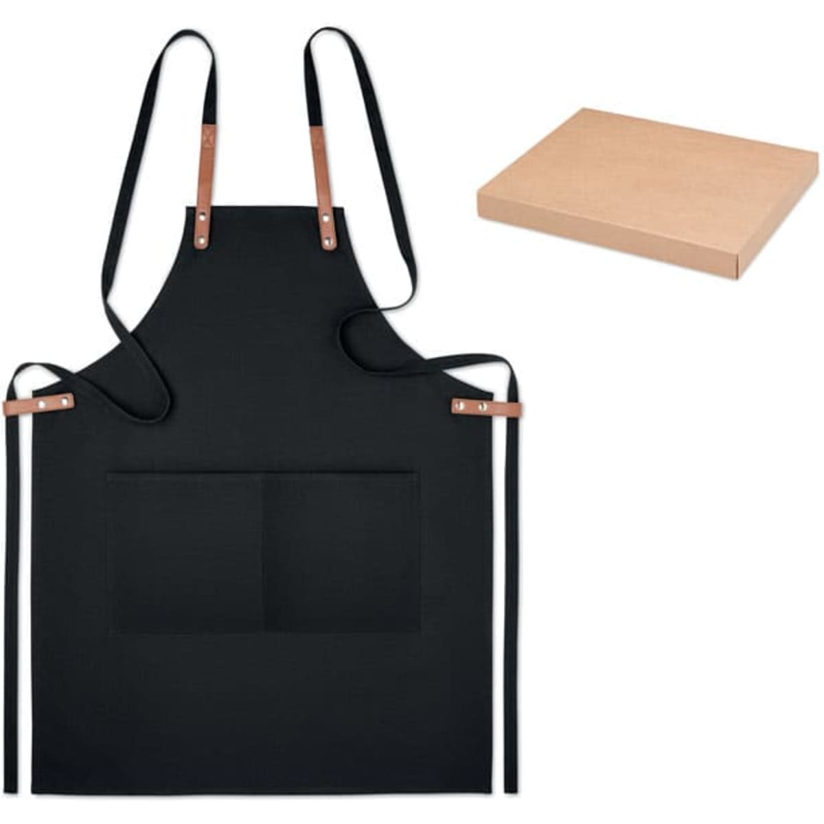 A black apron with leather straps and a front pocket, accompanied by a plain brown box.
