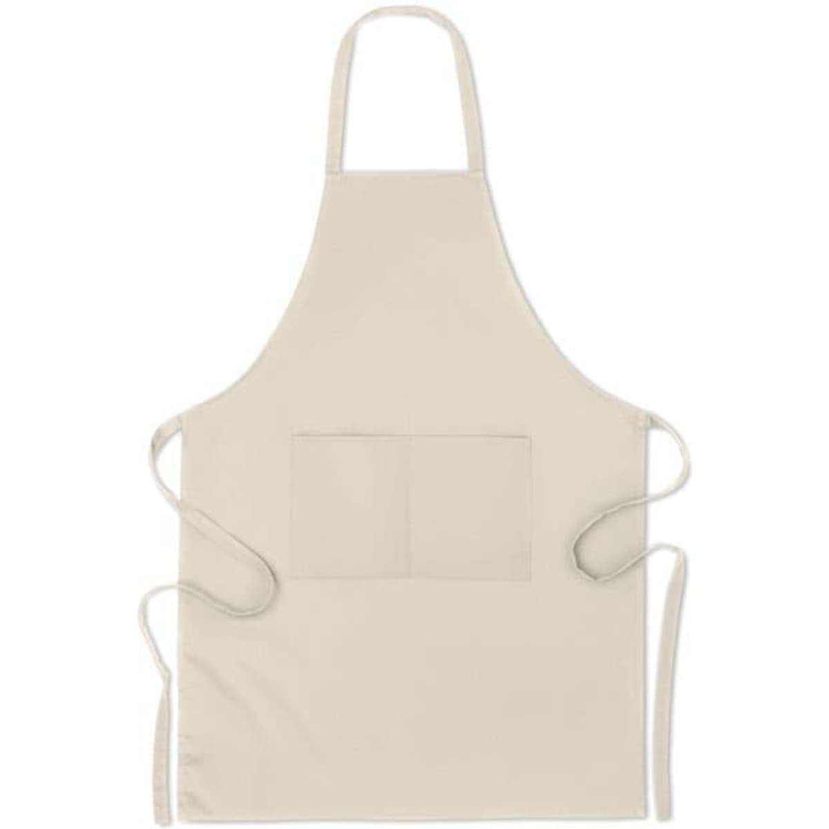A beige apron with a front pocket and adjustable ties at the neck and waist. It features a simple, clean design.