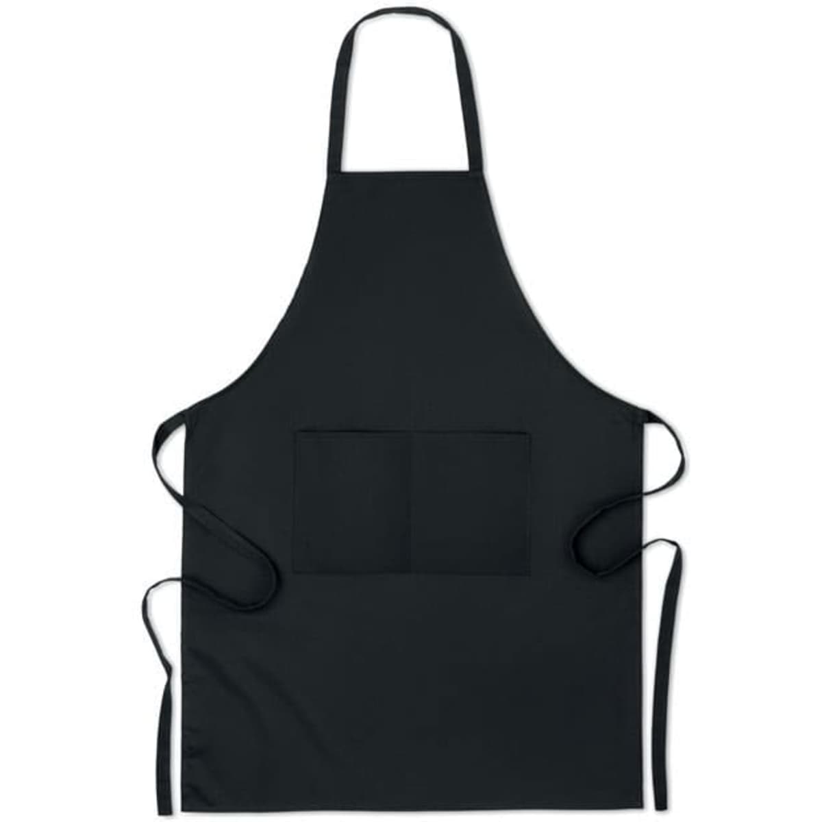 A black apron featuring two front pockets and adjustable ties. It has a simple, solid design with no visible branding.