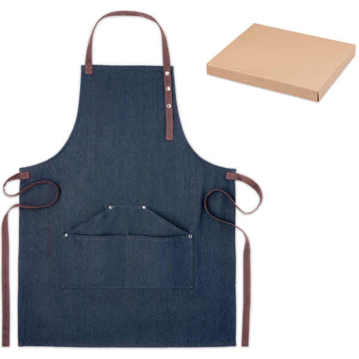 A denim apron with leather straps and a front pocket, alongside a plain cardboard box.