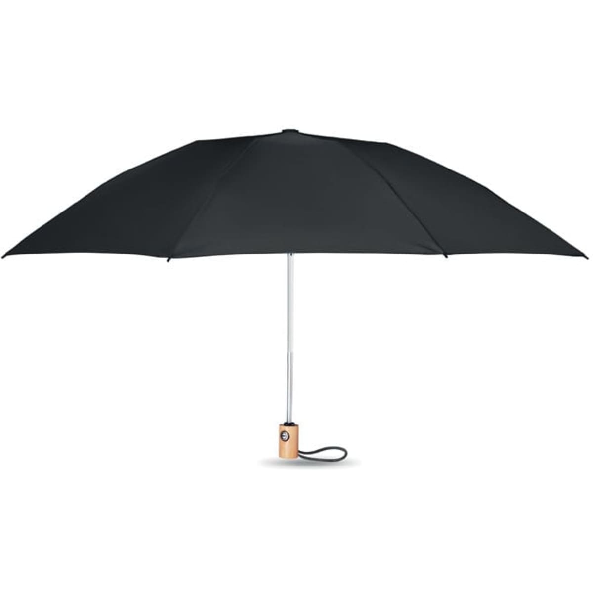 A black umbrella with a wooden handle. It features a metal shaft and a simple design.