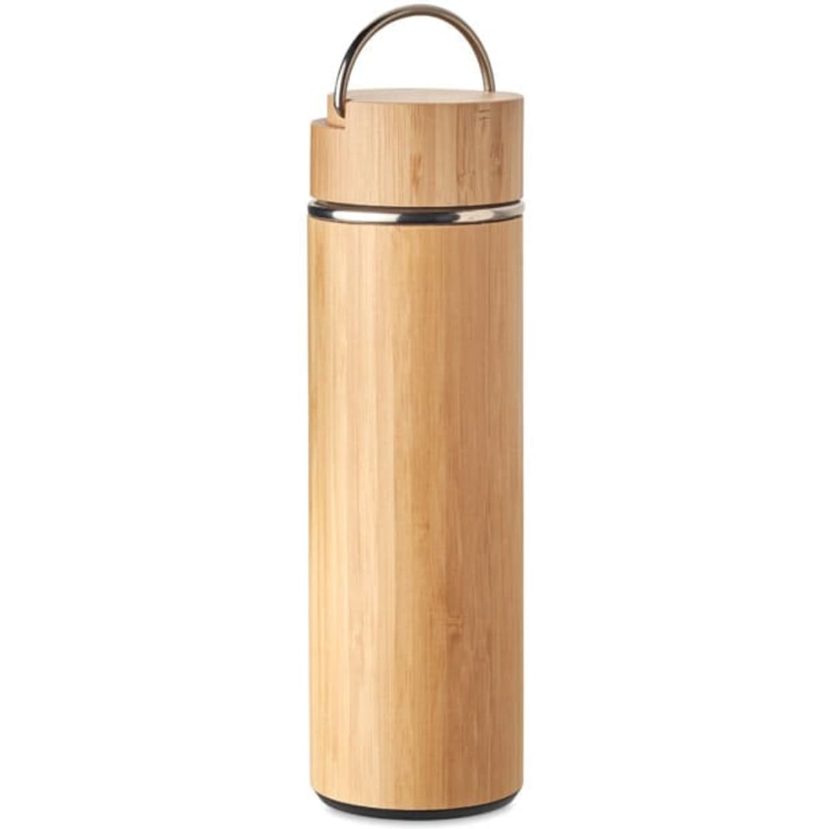 A drink bottle with a bamboo exterior, sleek silver accents, and a removable lid featuring a handle.