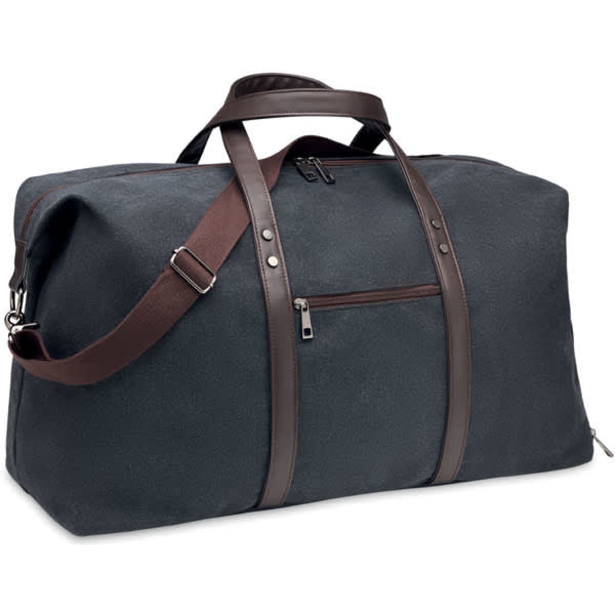 A duffel bag in navy blue fabric with brown leather handles and accents, featuring a zippered pocket on the front.