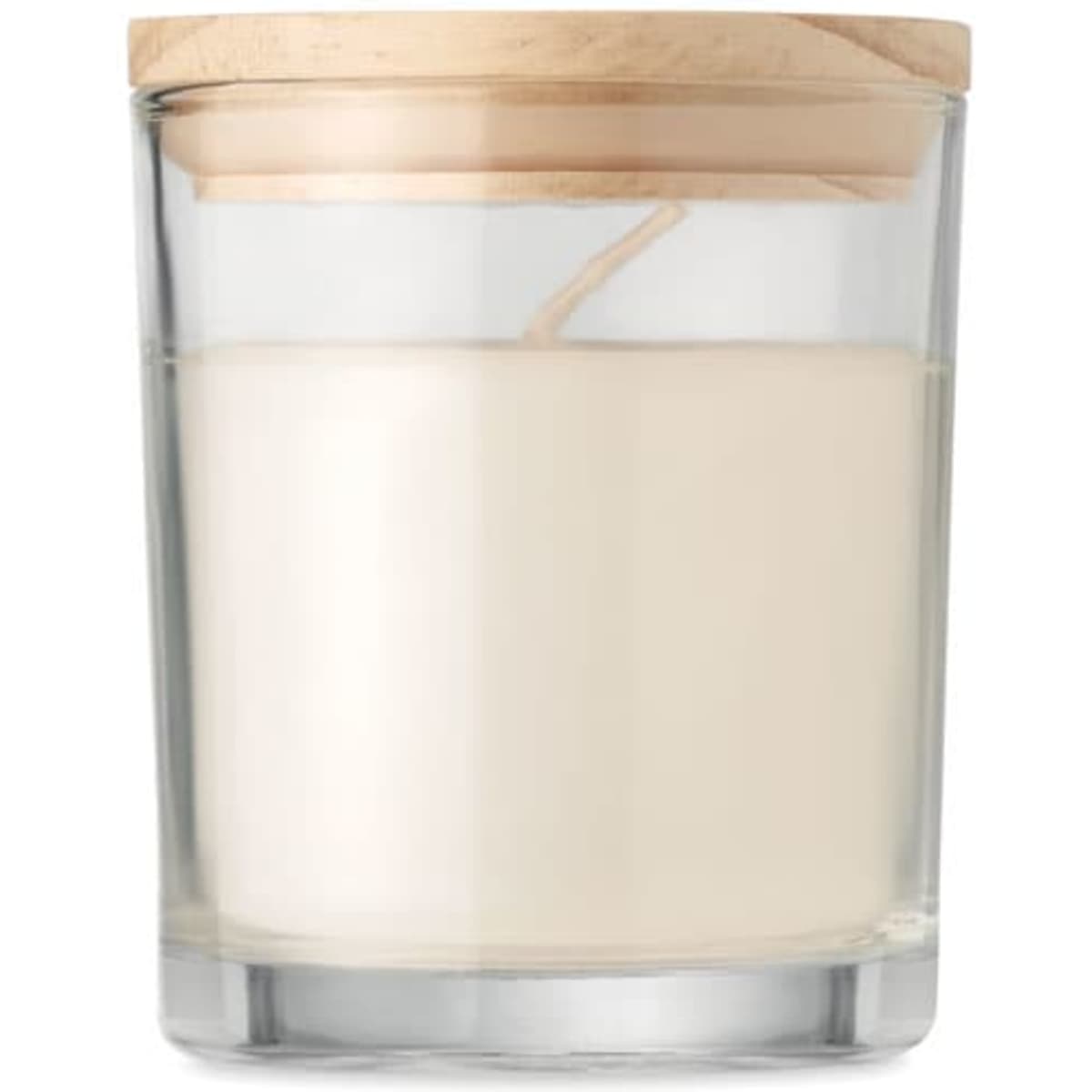 A glass candle with a wooden lid, featuring a white wax candle inside.