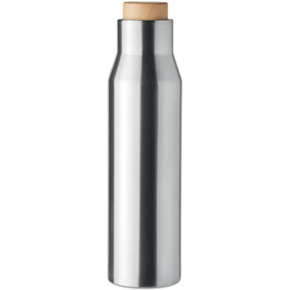 A drink bottle with a sleek silver stainless steel body and a wooden top. It features a logo on the side.