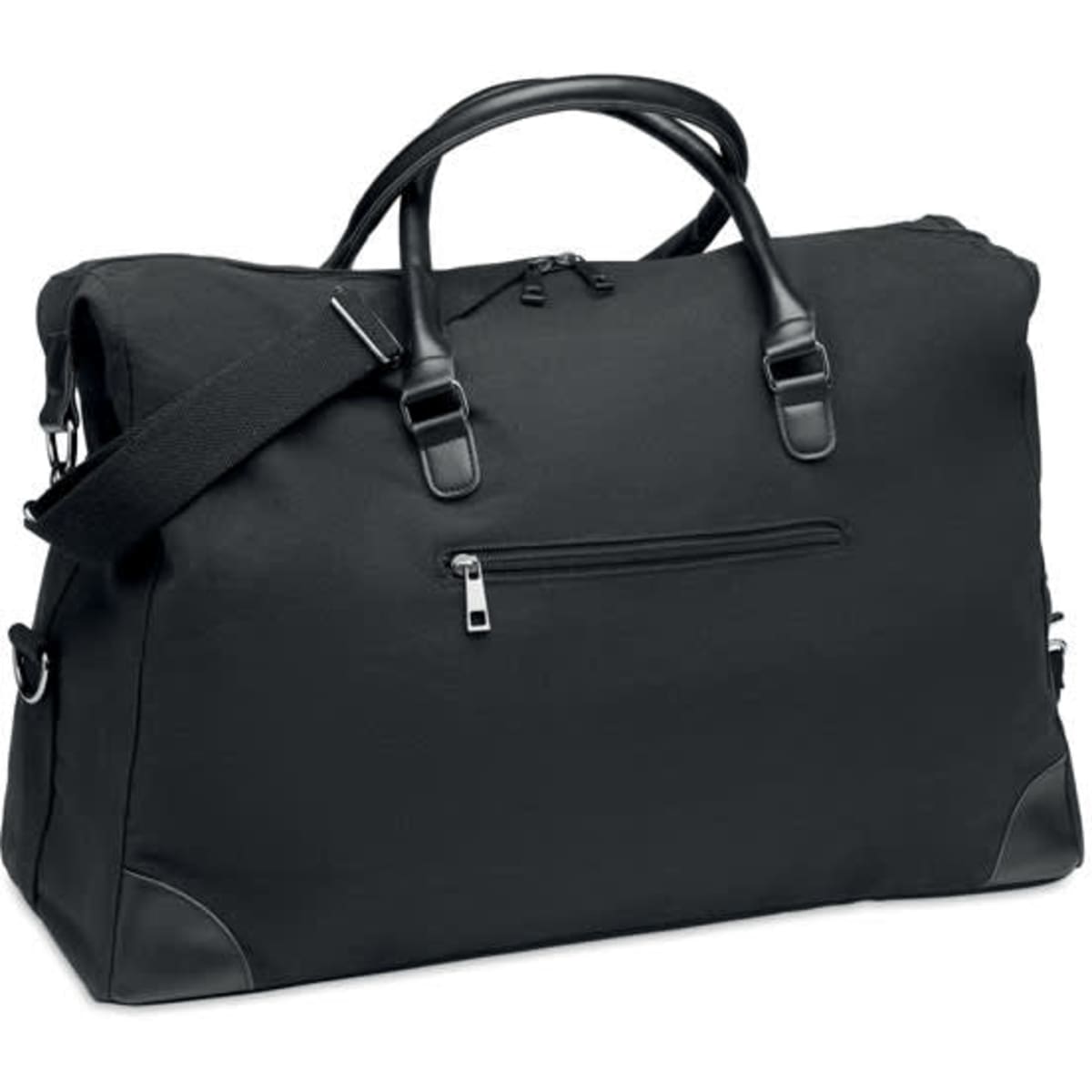 A duffel bag in black with leather accents, featuring a zippered pocket and dual carrying handles.
