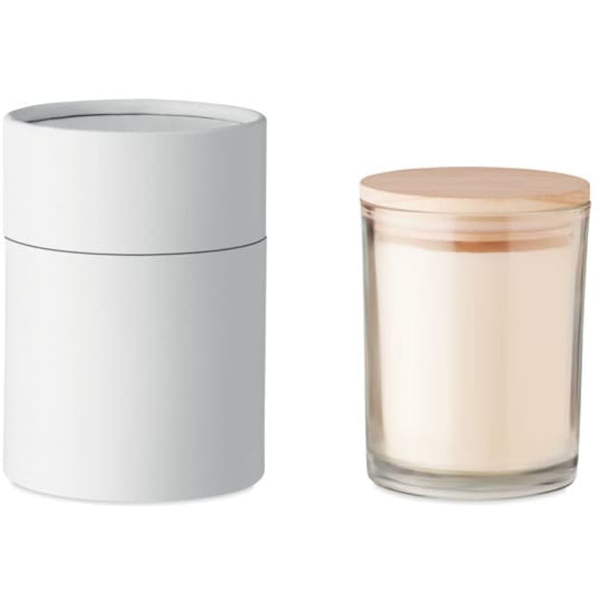 A white cylindrical candle holder next to a clear glass candle with a wooden lid.