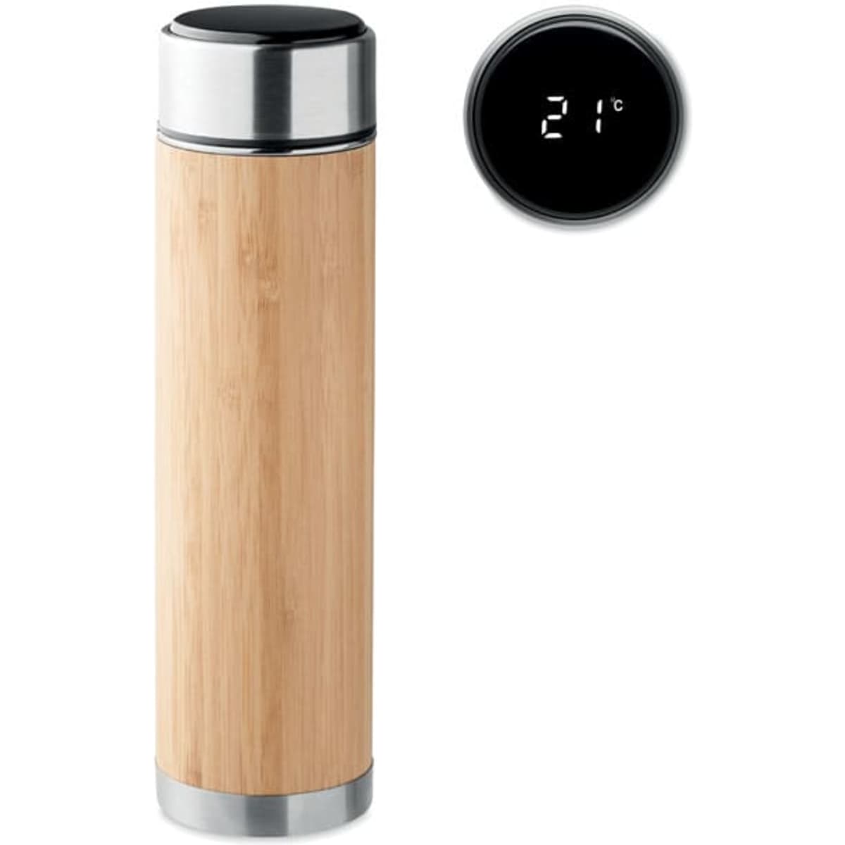 A drink bottle made of bamboo with stainless steel accents, featuring a digital temperature display.