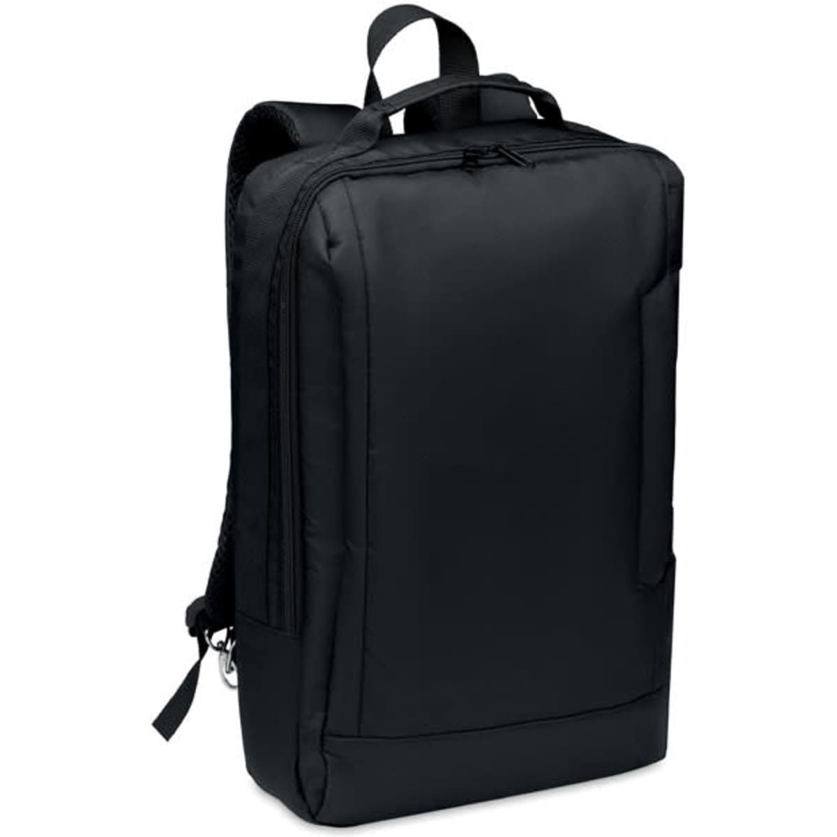 A black backpack with a sleek design, featuring a top handle and multiple zippered compartments.