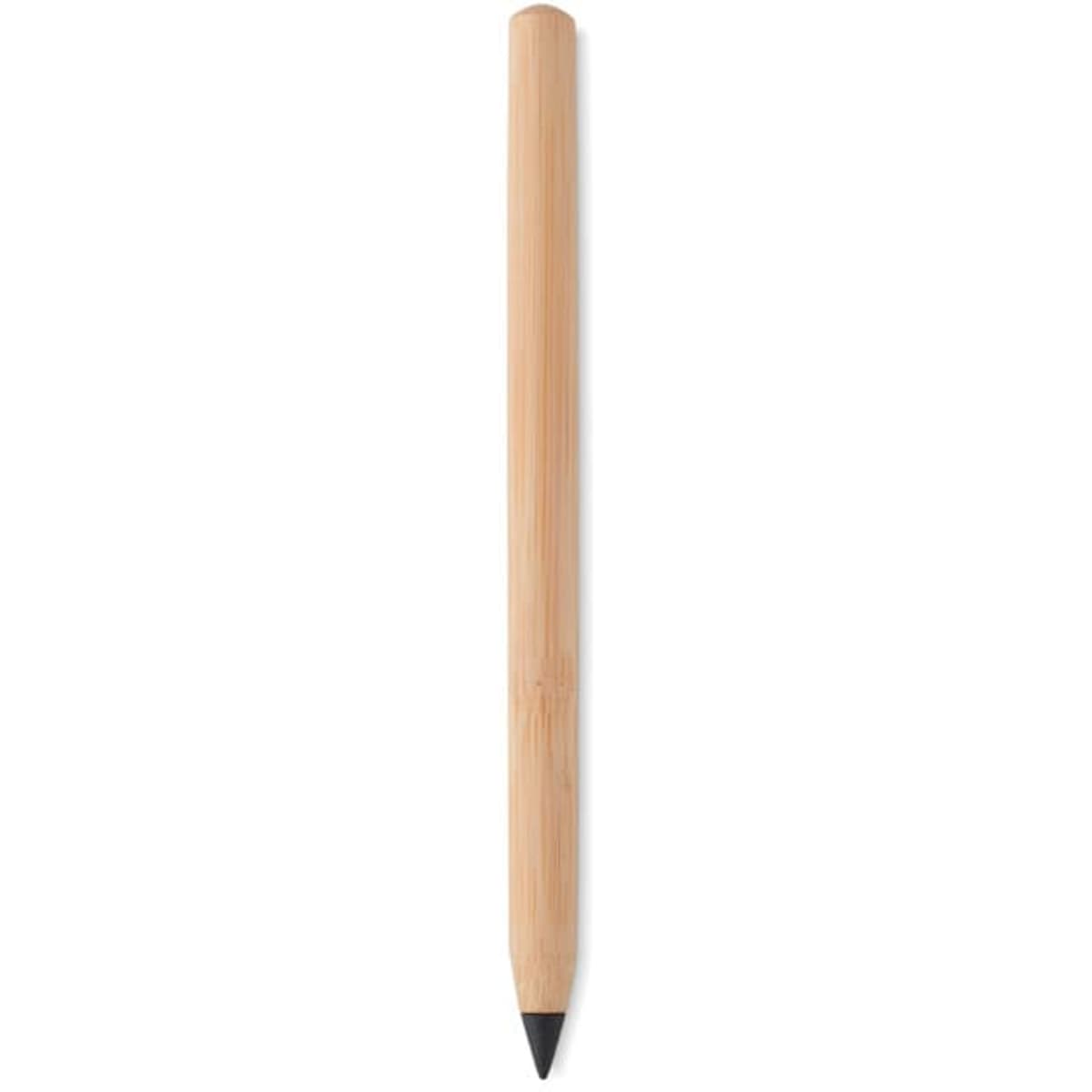 A bamboo pencil with a pointed tip, featuring a natural wood finish. It has a simple design and includes a logo.
