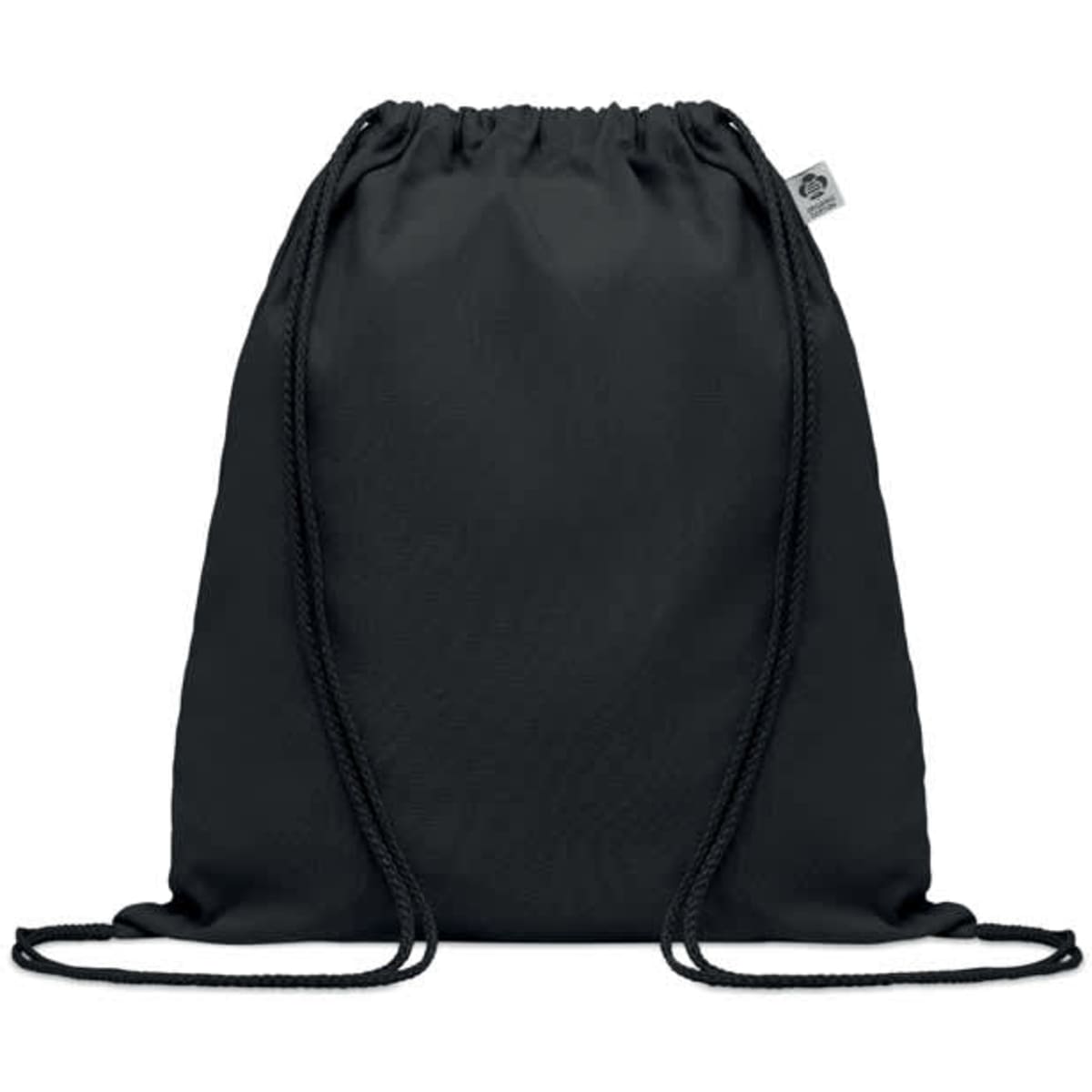 A drawstring bag in black with a simple design and decorative tag, featuring adjustable cords.