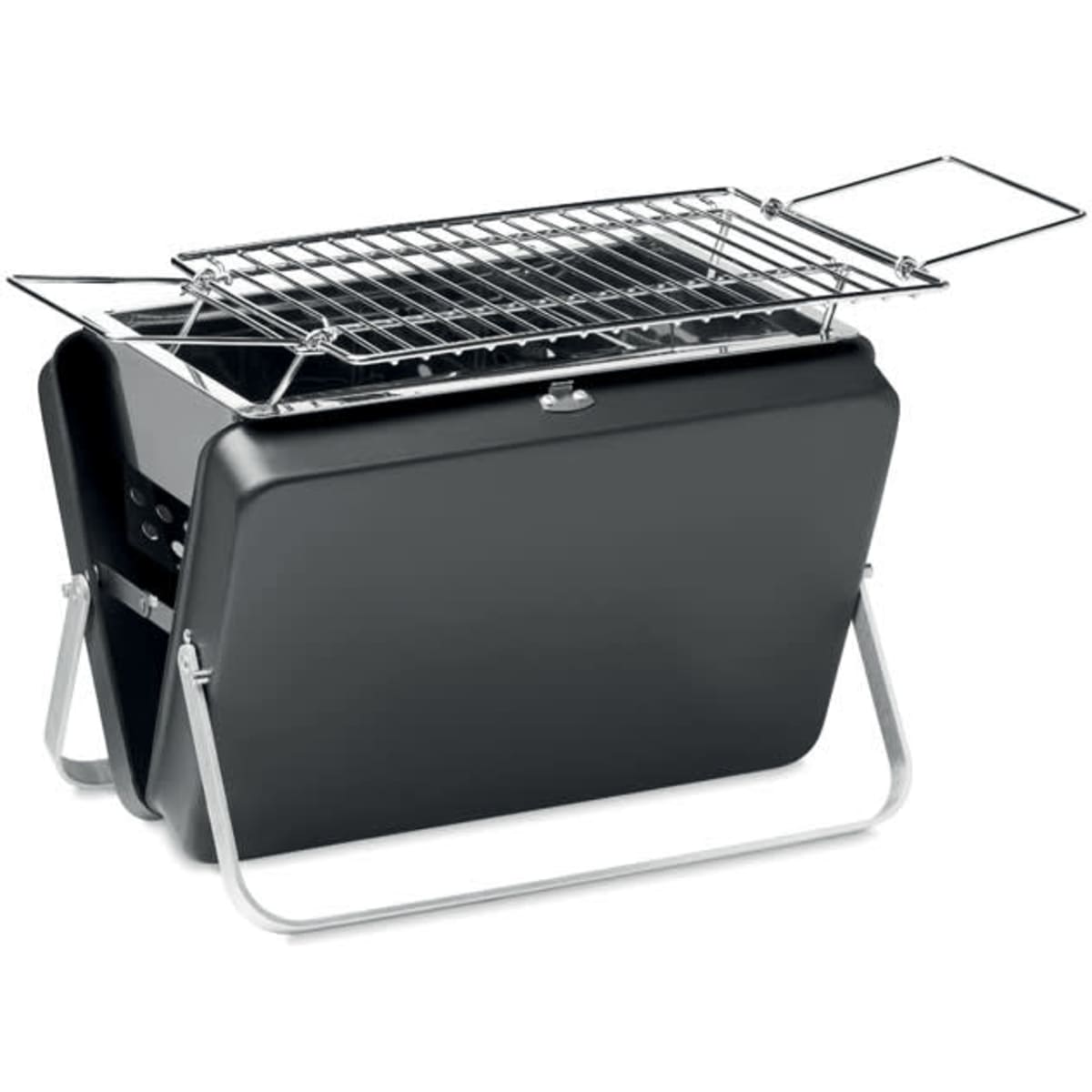 A portable black barbecue grill with a stainless steel cooking grate and foldable legs. It has a sleek, compact design.