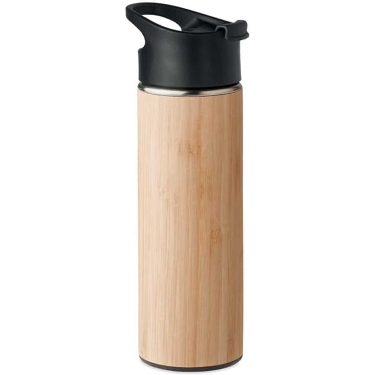 A drink bottle with a bamboo exterior and a black lid, featuring a simple design and a logo.