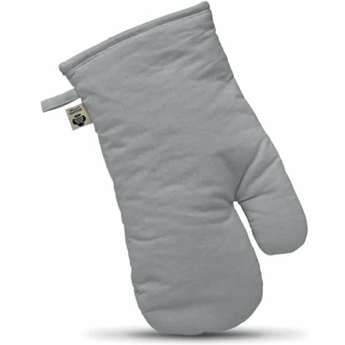 A grey oven mitt with a quilted texture and a hanging loop for easy storage. It features a branding label.