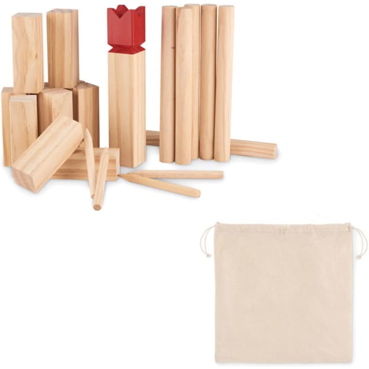 A set of wooden blocks in various shapes and sizes, featuring a red crown piece, with a storage bag.