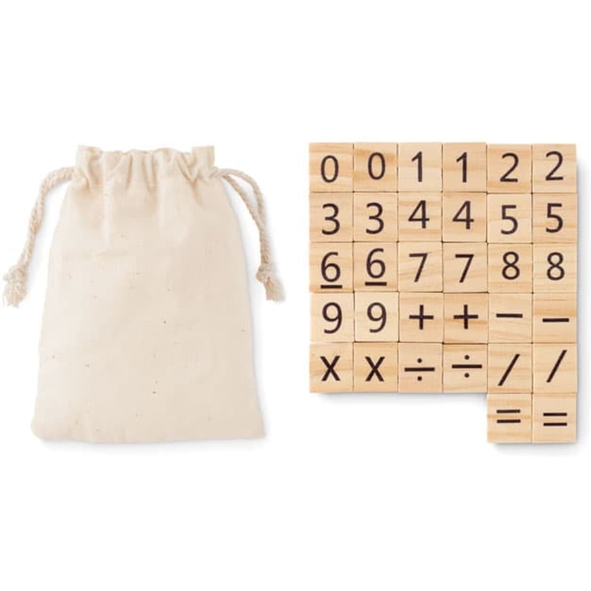 A set of wooden math blocks including numbers and symbols, alongside a beige drawstring bag.