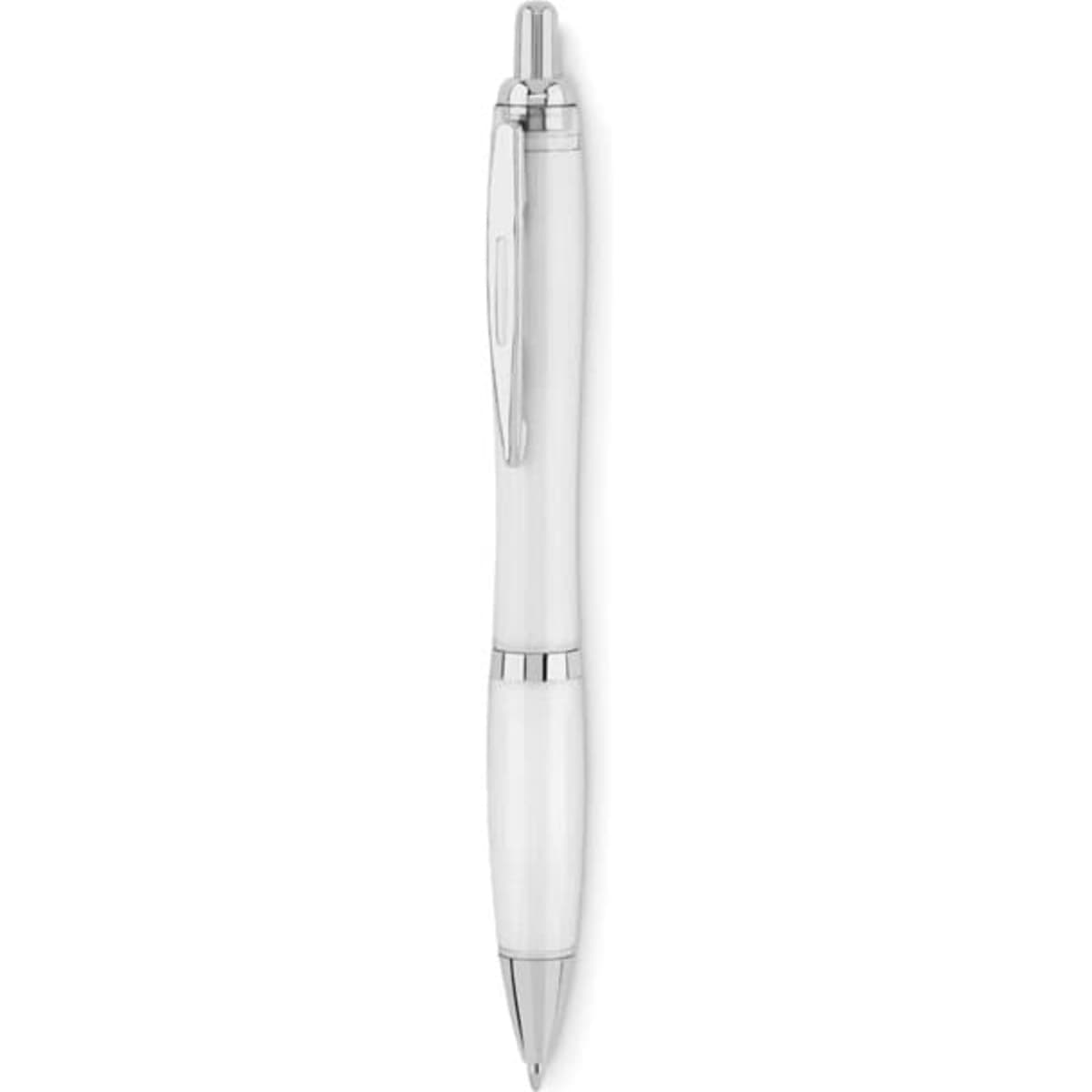 A pen in white with silver accents, featuring a sleek design and a single clip on the side.