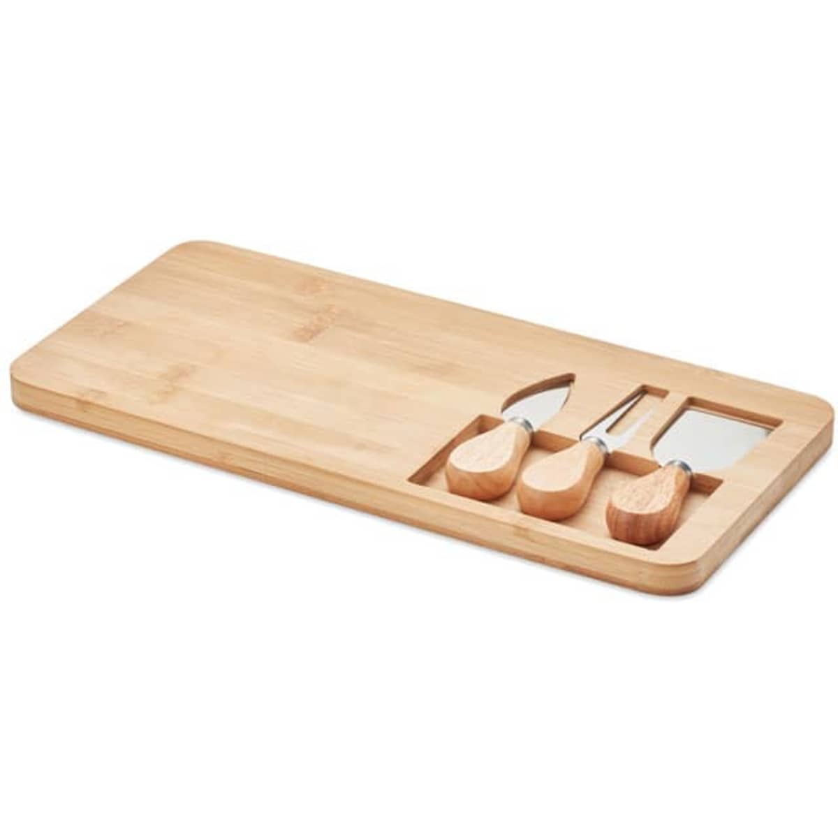 A bamboo cheese board with three wooden-handled cheese knives. The board has a sleek, natural finish.