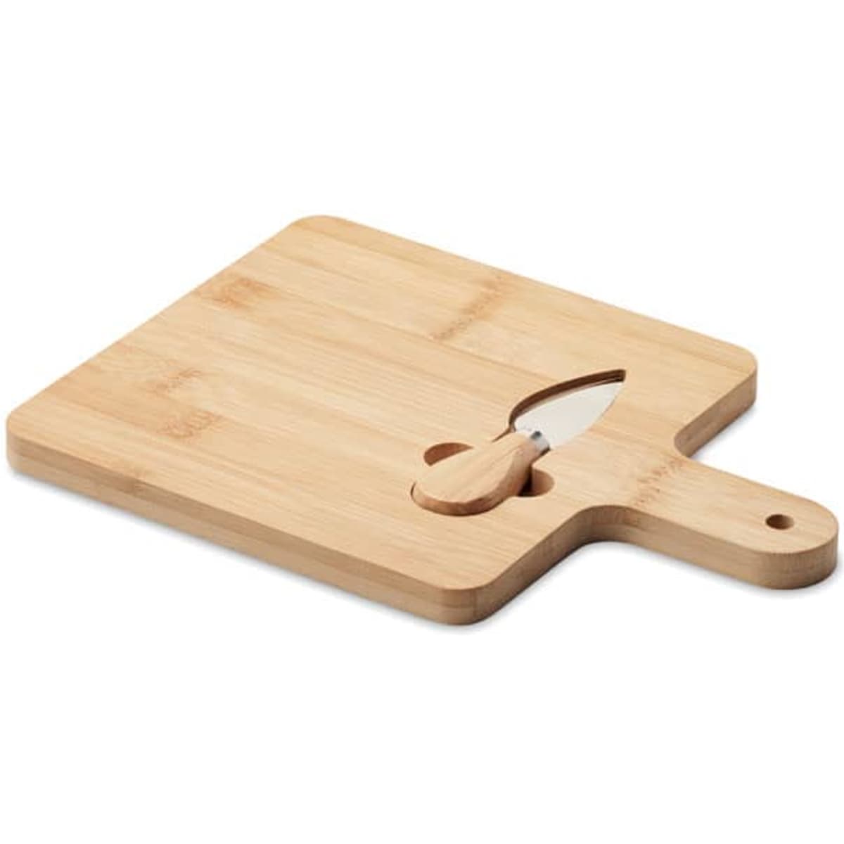 A wooden chopping board with a handle and a small cheese knife embedded in the board.