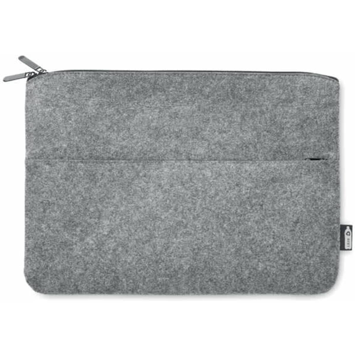 A grey felt laptop sleeve with a zip closure and an additional front pocket. It features a branding label on the side.