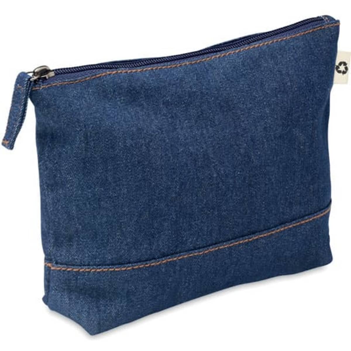 A denim pouch with a zip closure and contrasting stitching, featuring a small logo tag.
