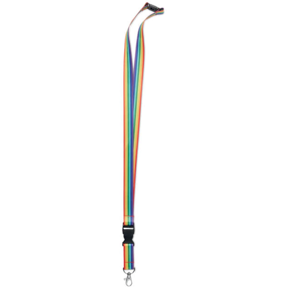 A rainbow lanyard featuring multiple vibrant stripes and a silver clip at the bottom. It has a black attachment point.