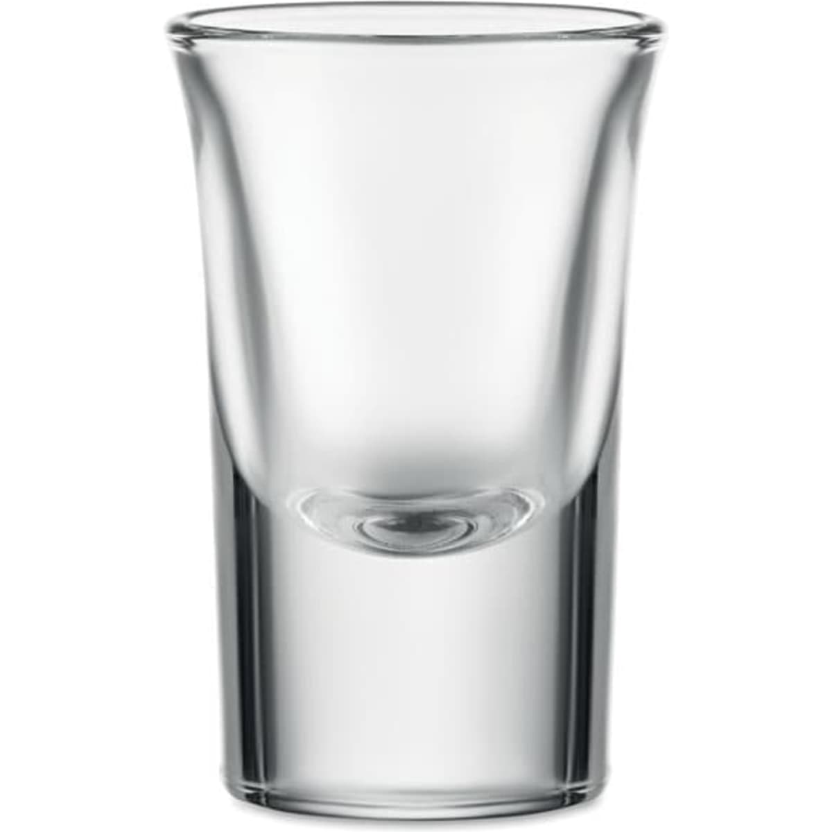 A clear glass shot glass with a smooth finish and rounded edges. It has no markings or branding visible.
