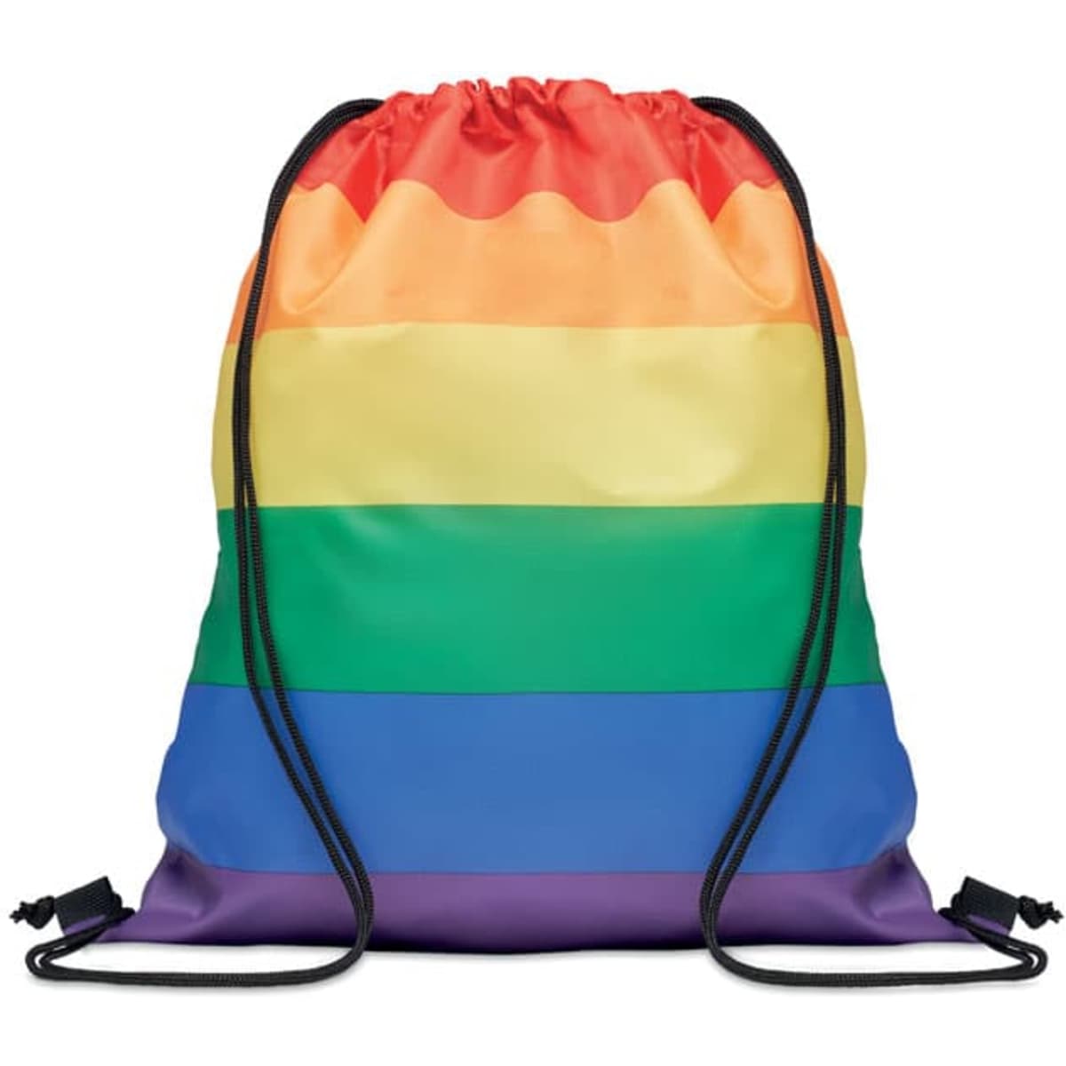 A drawstring bag featuring vibrant rainbow stripes in red, orange, yellow, green, blue, and purple. It has a logo on it.