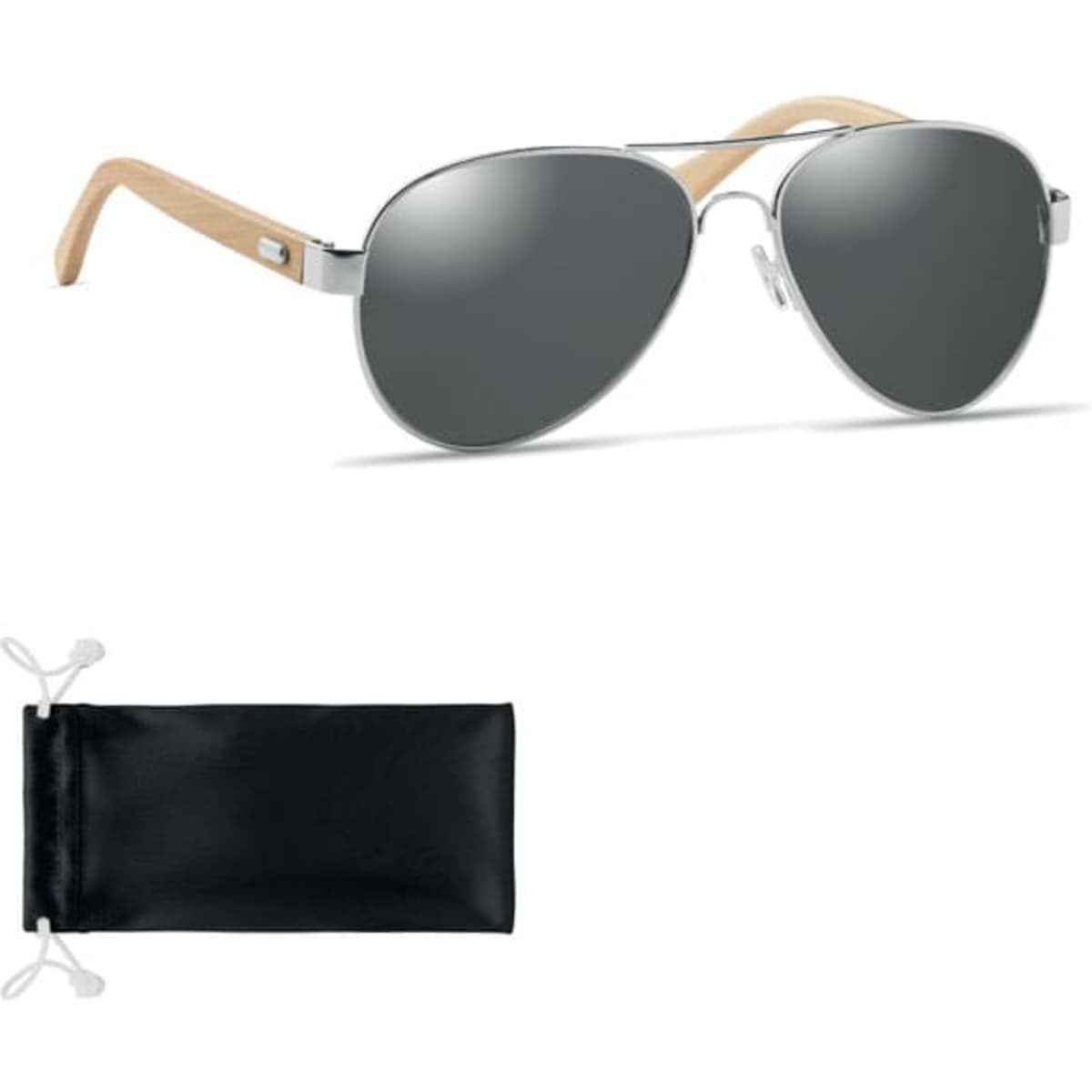 A pair of silver aviator sunglasses with wooden arms, accompanied by a black protective pouch.