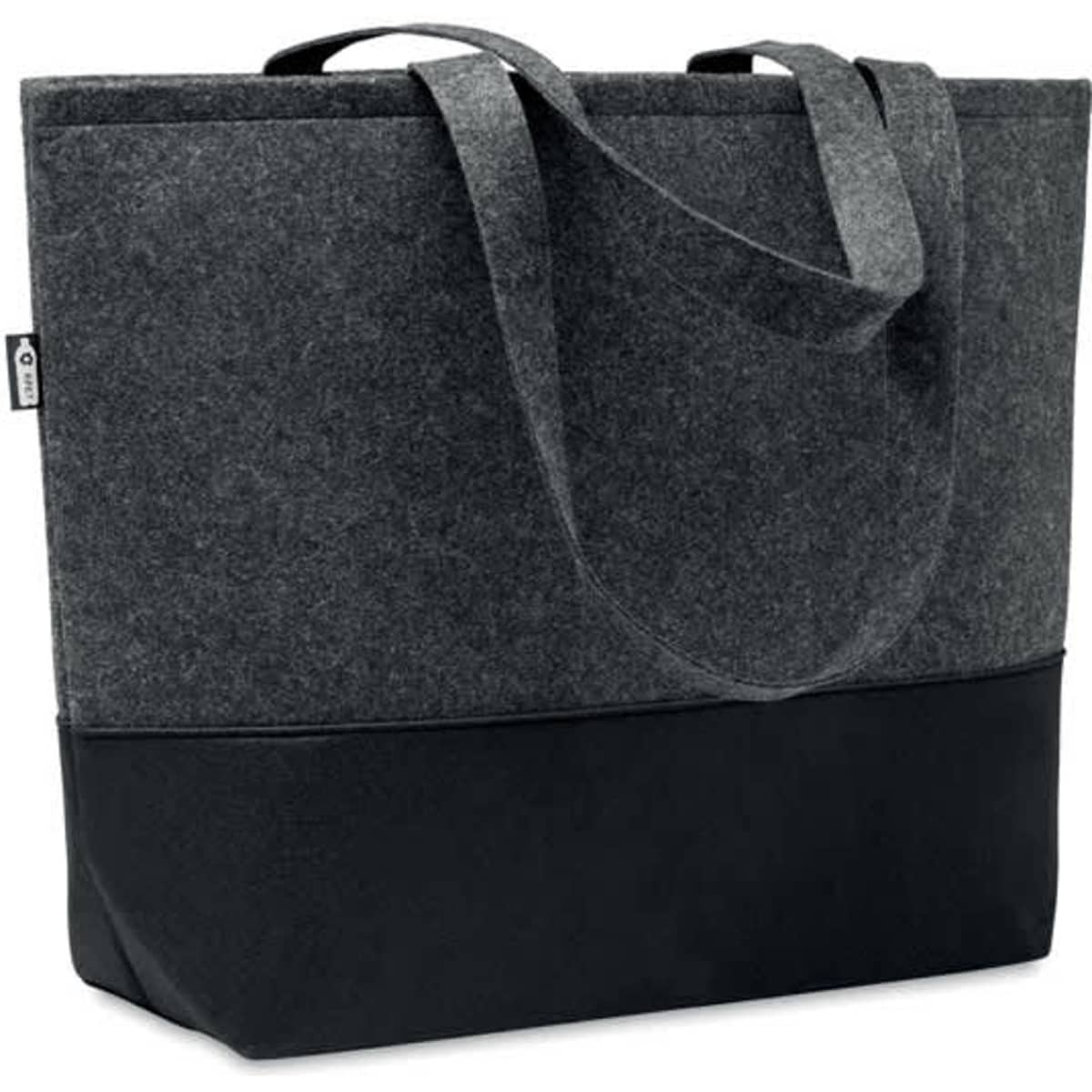 A tote bag featuring a grey felt body with a black bottom, equipped with two handles. It has a branded logo.