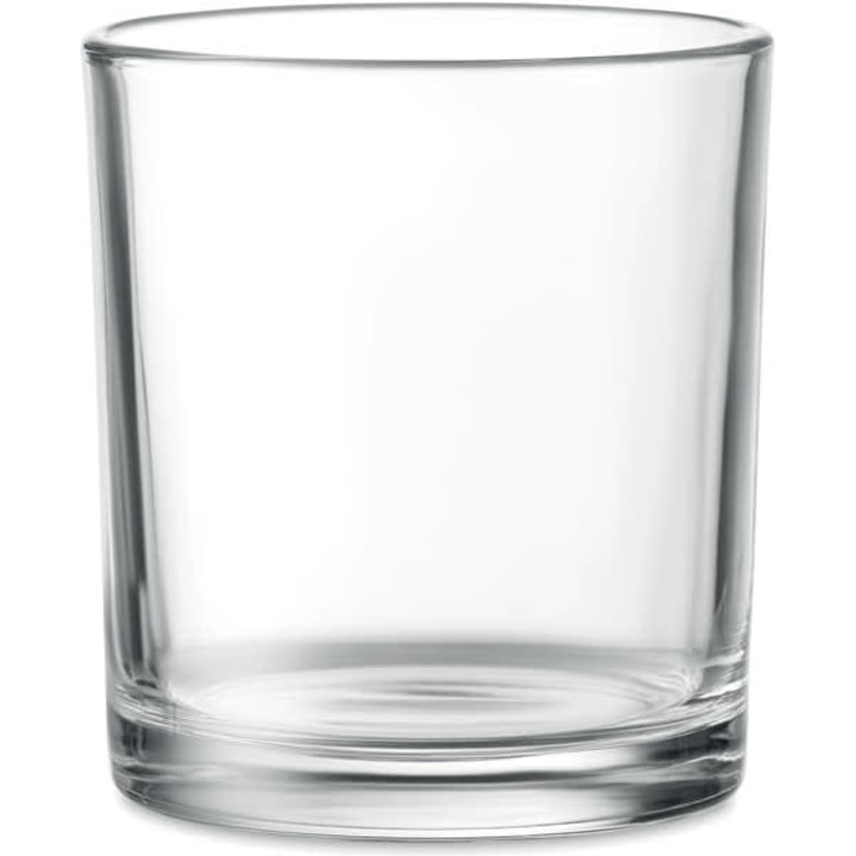 A clear glass tumbler with a sturdy base, featuring a simple, modern design.