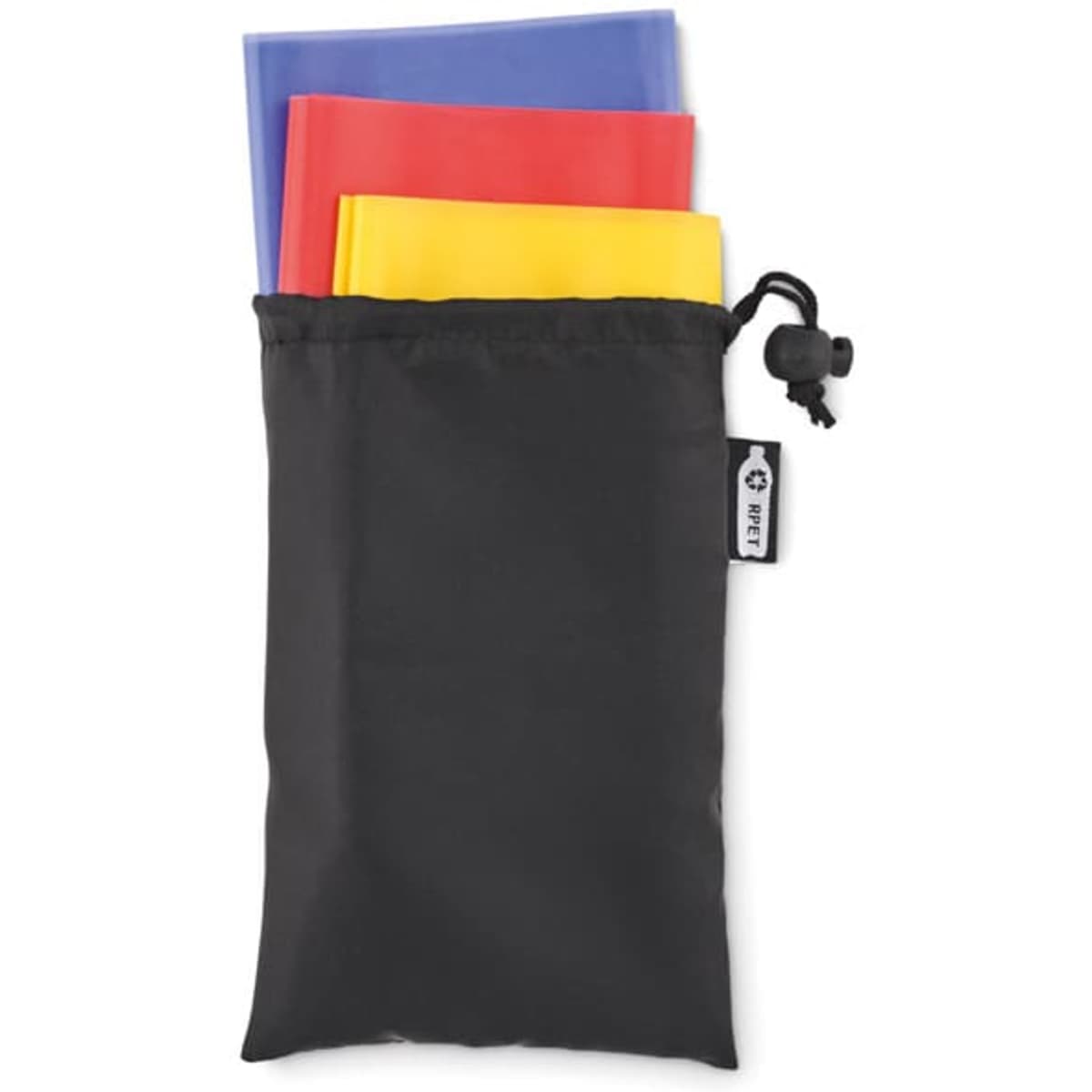 A set of three coloured resistance bands (blue, red, and yellow) stored in a black drawstring pouch.