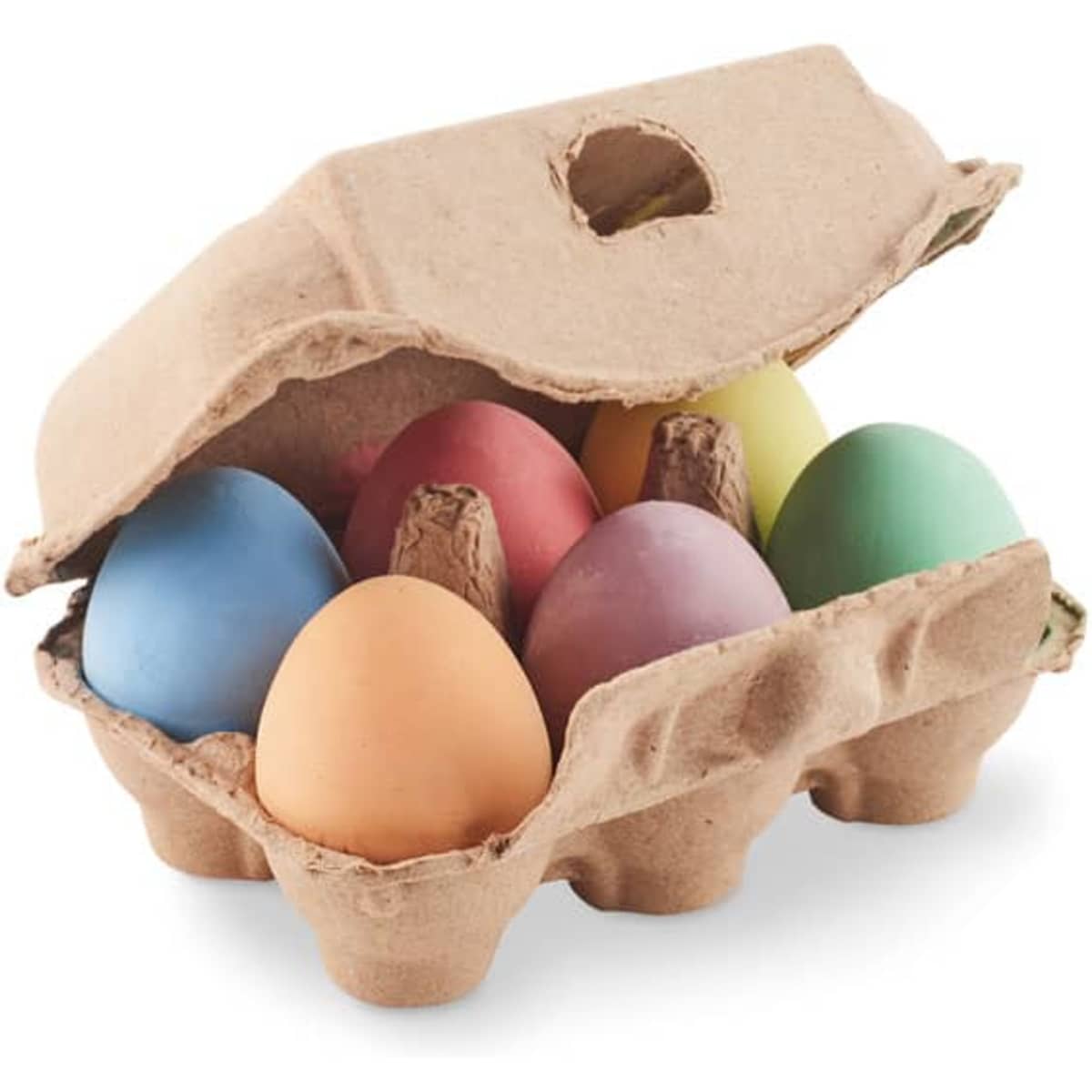 A carton containing six pastel-coloured eggs in shades of blue, pink, yellow, green, and orange. The carton is light brown.