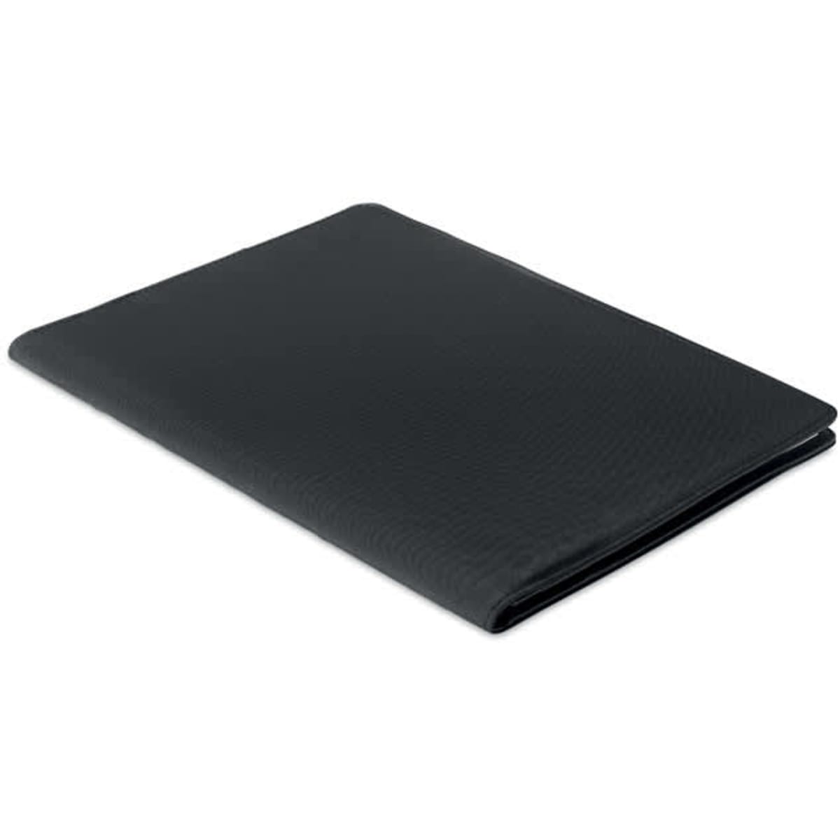 A black, textured document holder with a sleek design, featuring a minimalist style. It has a logo on the exterior.