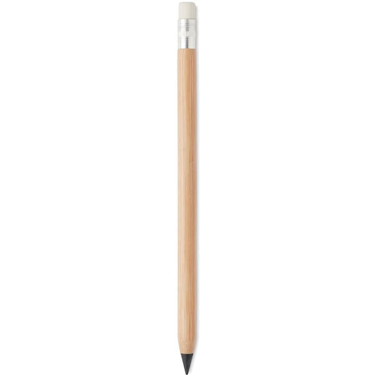 A wooden pencil with a clear cap on one end and a black tip, featuring a minimalist design.
