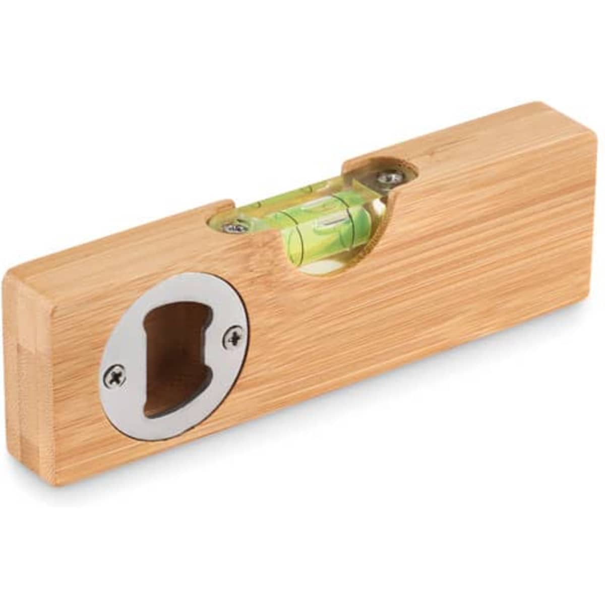 A bamboo spirit level with a green bubble vial and a built-in bottle opener. Features polished metal accents.