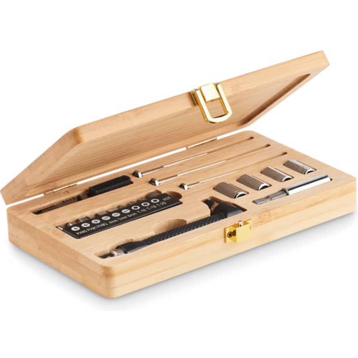 A wooden box containing various tools, including a set of sockets and turners, with a clasp closure.