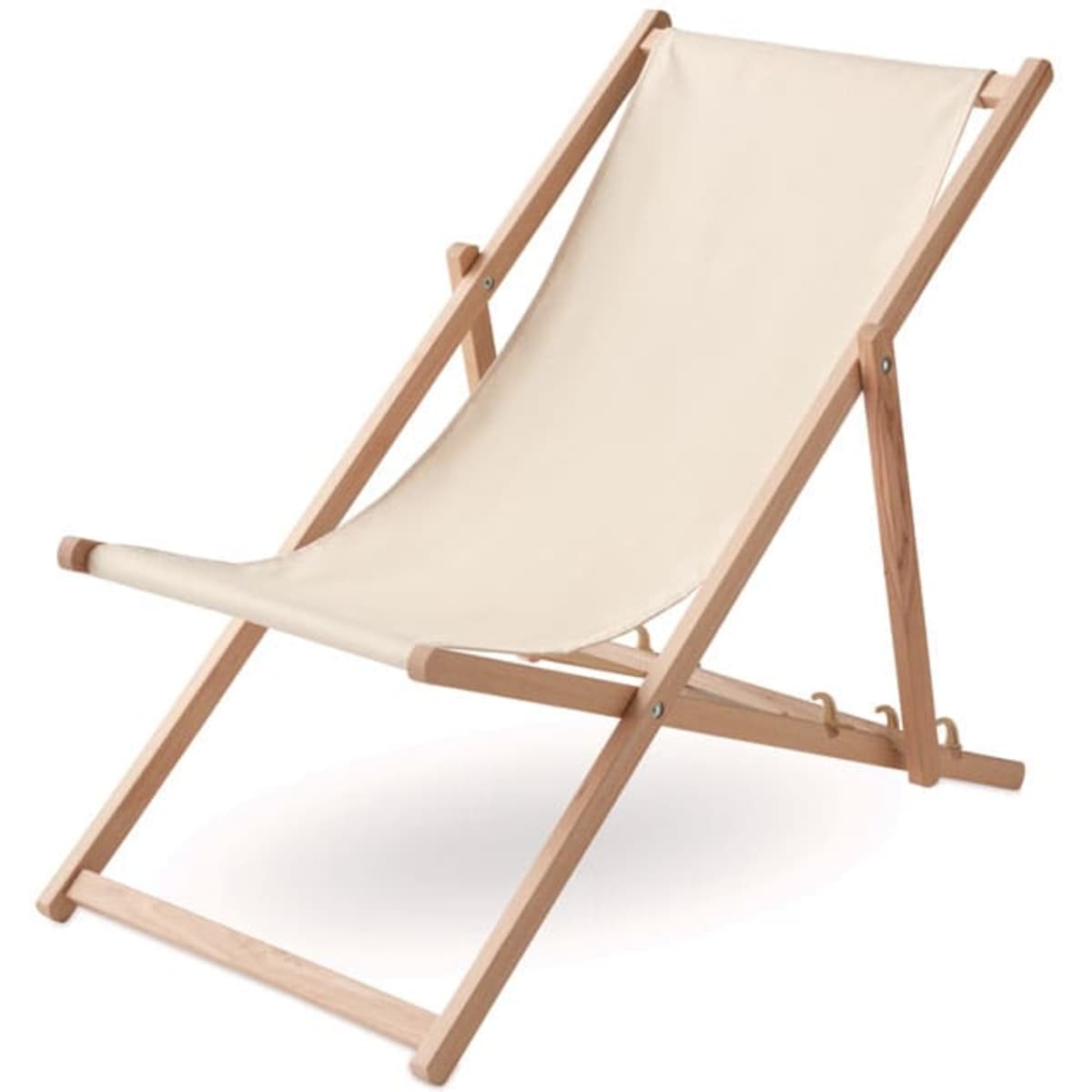 A deck chair made of light wood with a cream fabric seat, featuring a simple, foldable design.