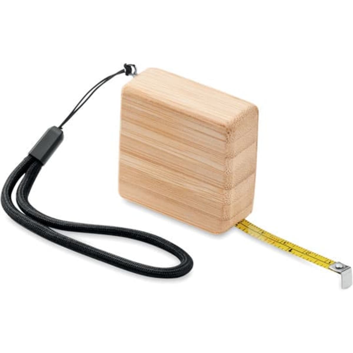A wooden tape measure with a square design and a black cord attached for easy handling.