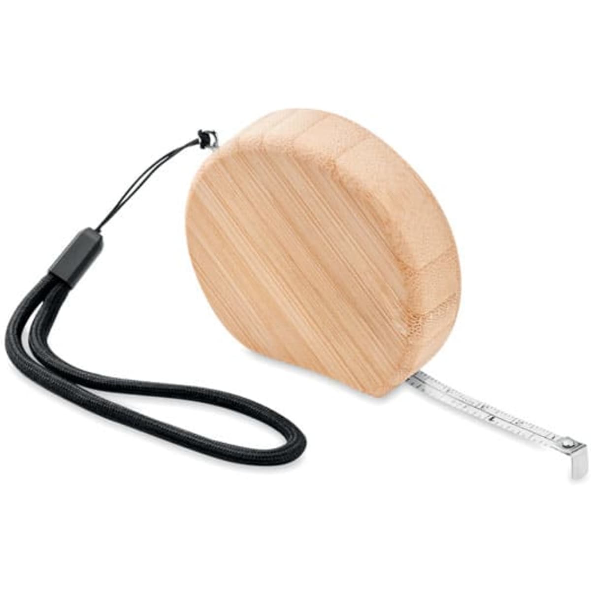 A tape measure with a bamboo casing and a black wrist strap, featuring a retractable metal measuring tape.