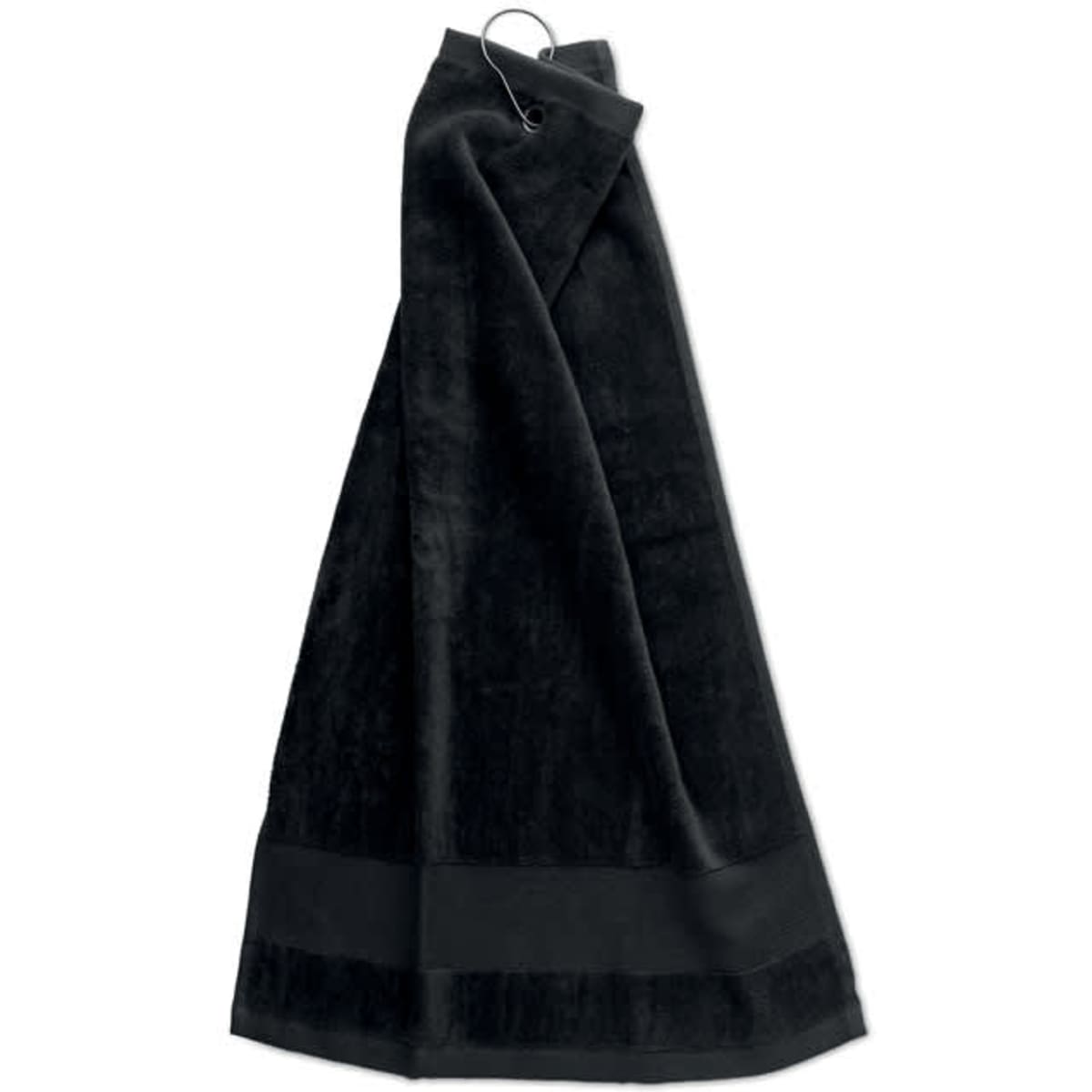 A black towel with a smooth texture, featuring a hanging loop at the top and a plain border.