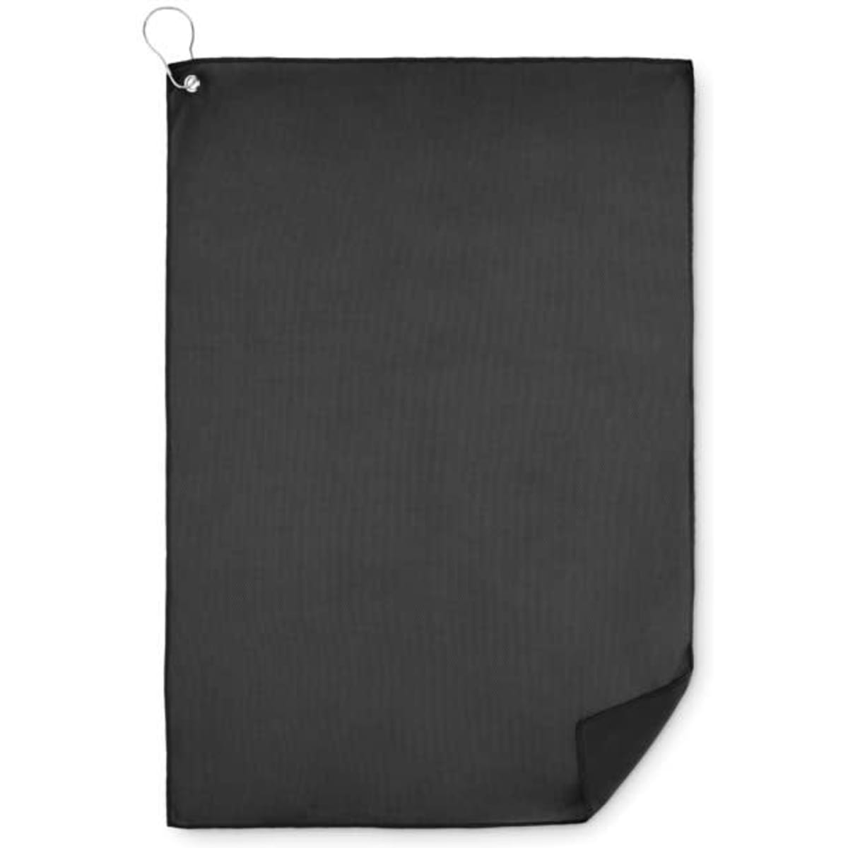A black promotional towel with a corner loop for hanging. The fabric is textured with fine stripes.