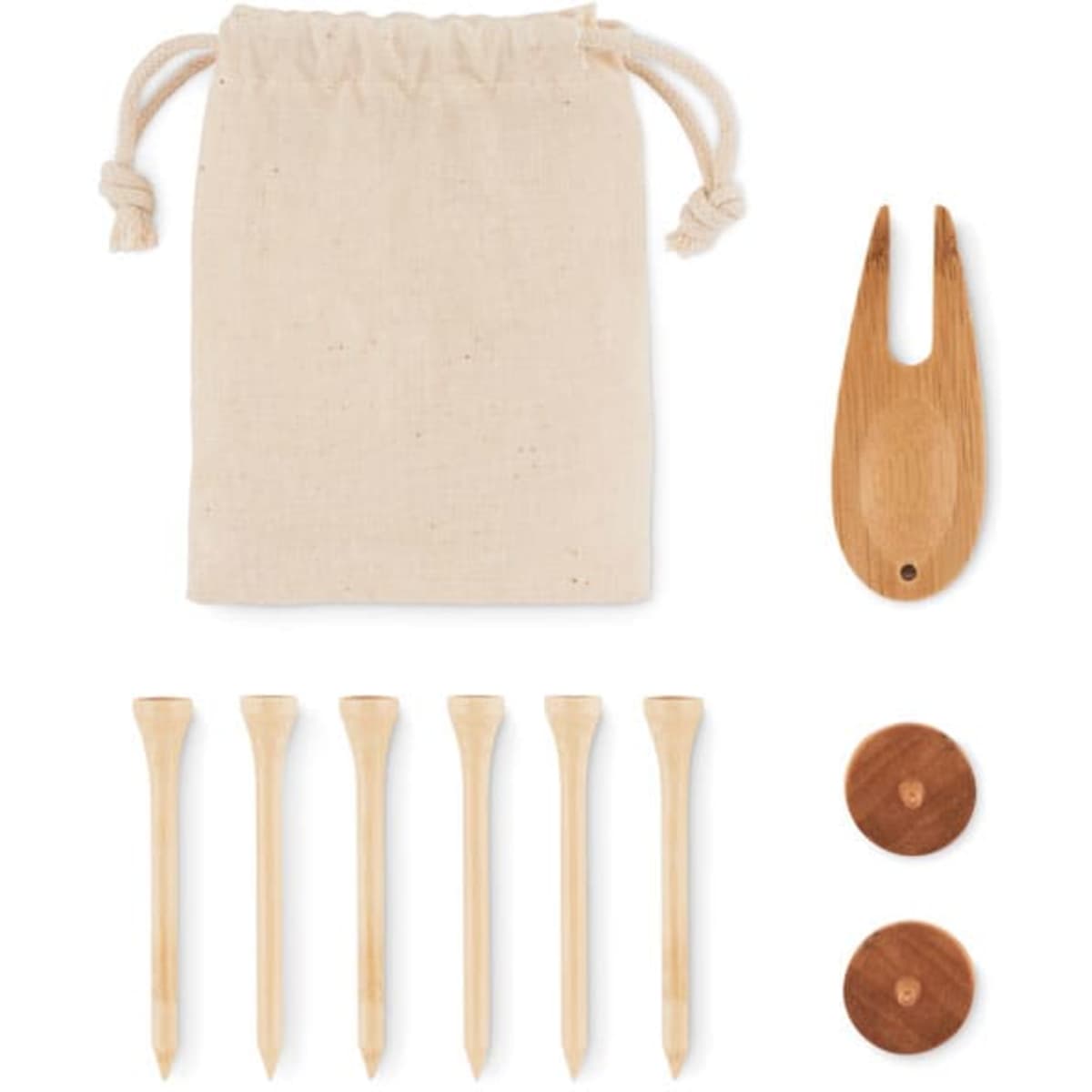 A bamboo golf tee set featuring a drawstring bag, seven wooden tees, and two wooden markers.