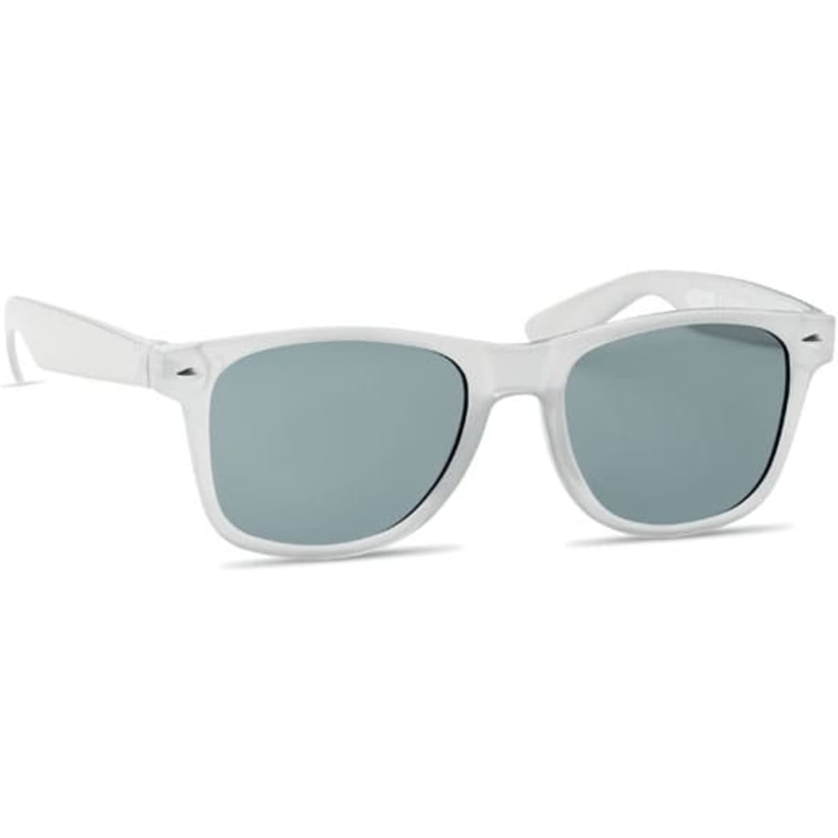 A pair of sunglasses with a clear frame and grey tinted lenses, featuring a logo on the side.