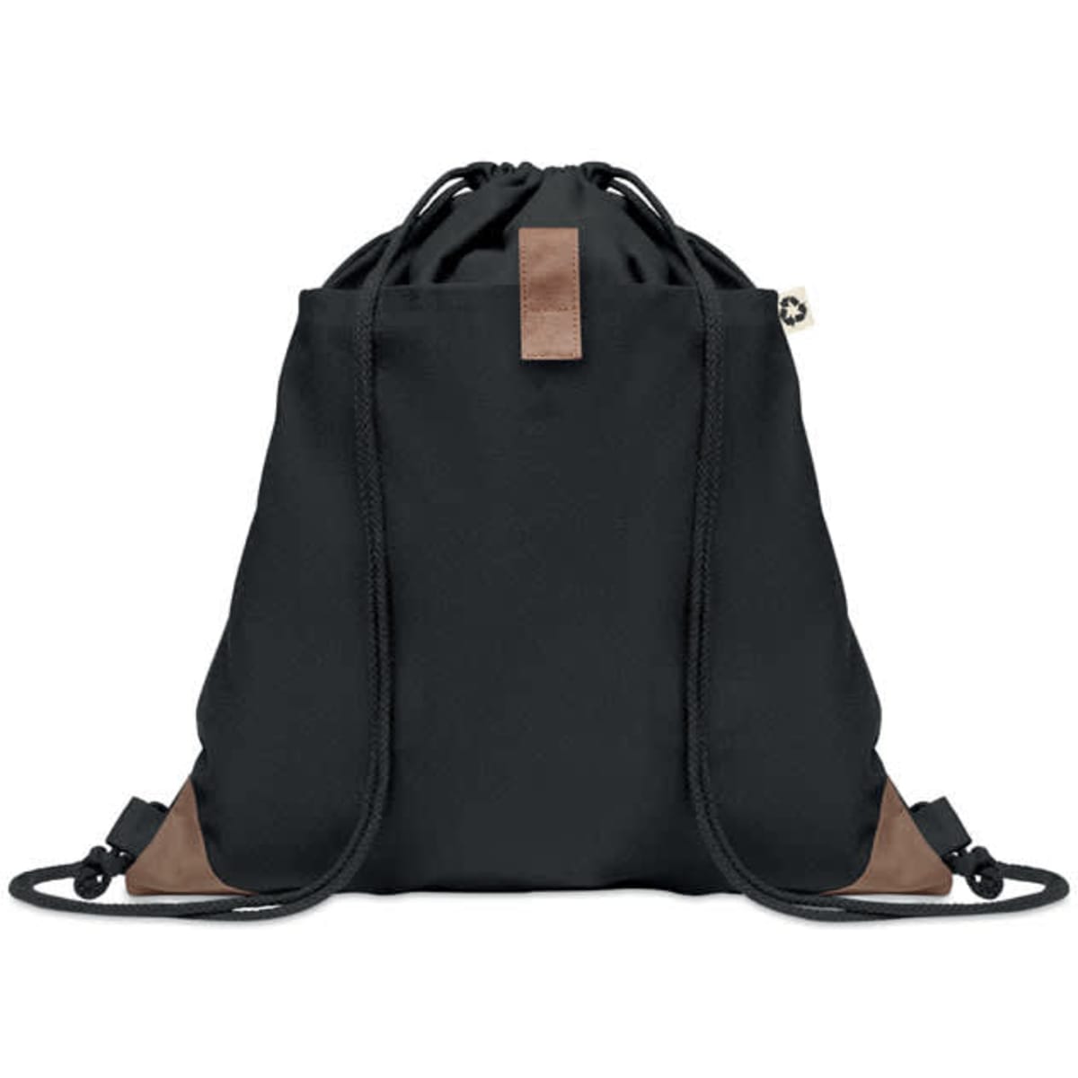 A black drawstring bag with brown accents and a logo, featuring adjustable straps.