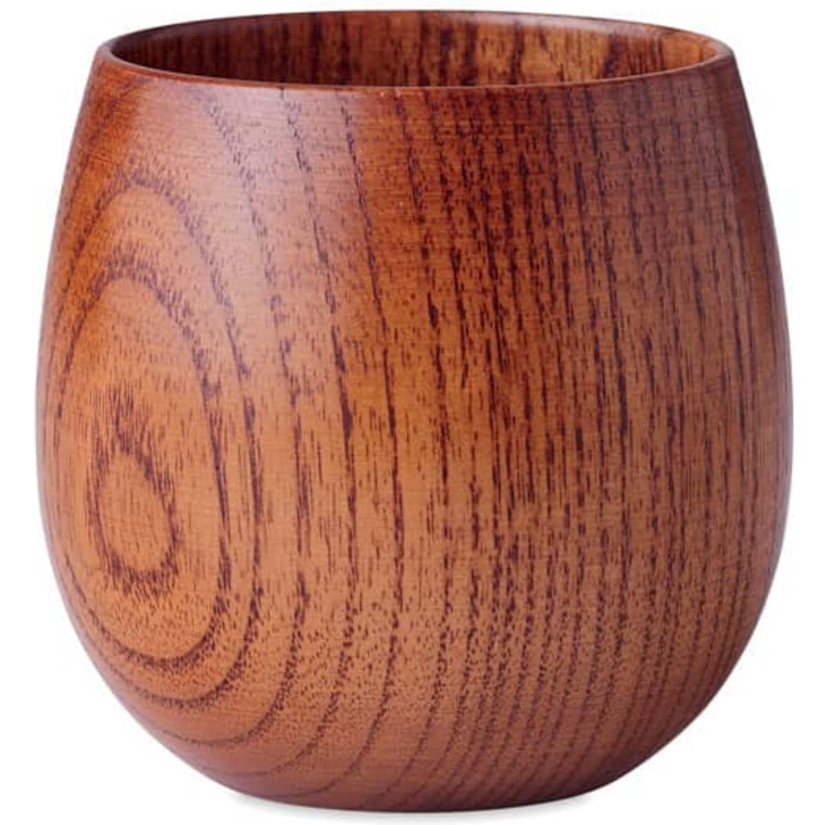A wooden drink vessel with a smooth finish, featuring a rich brown colour and a rounded, organic shape.