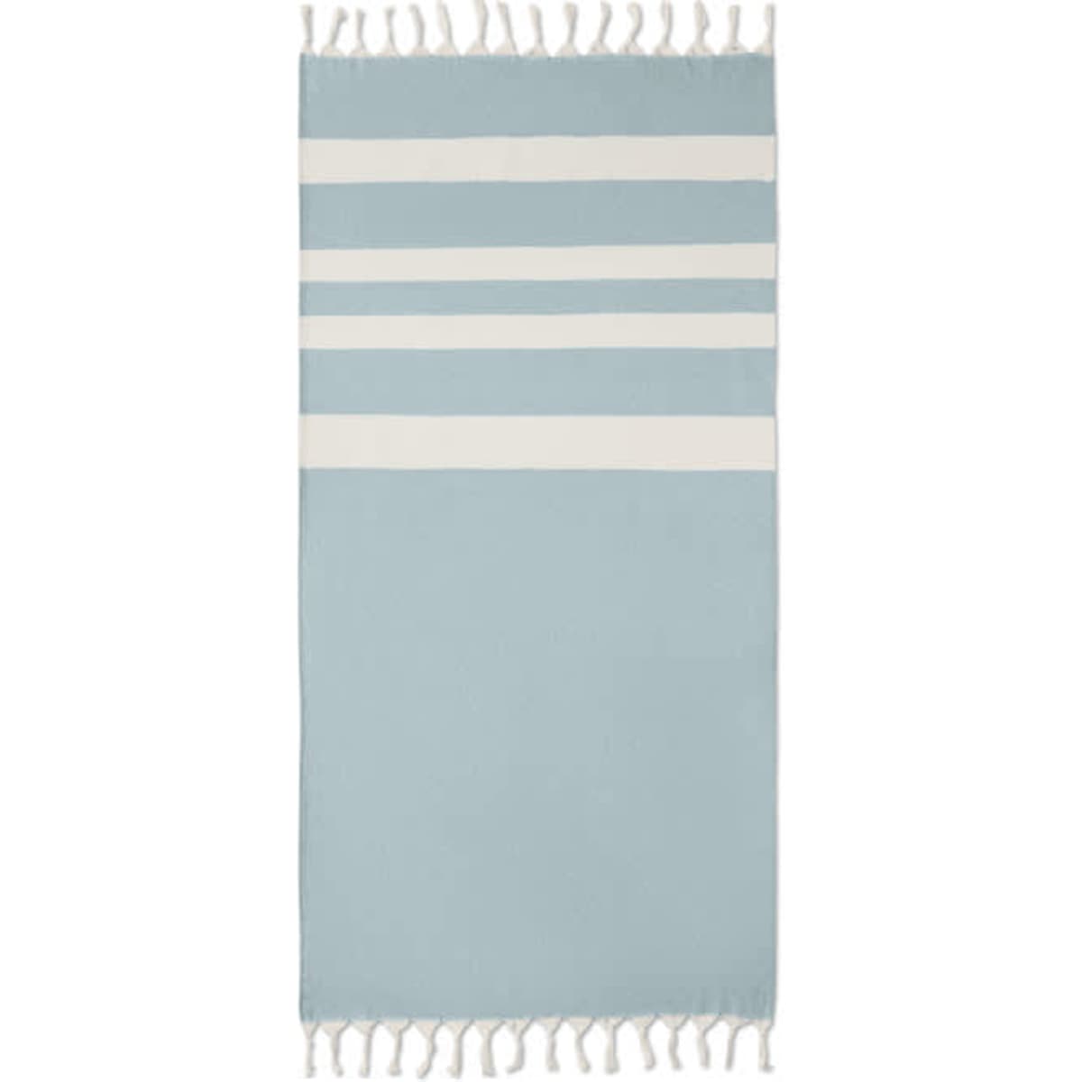 A light blue towel with white stripes and tassels along the edges, featuring a simple design.