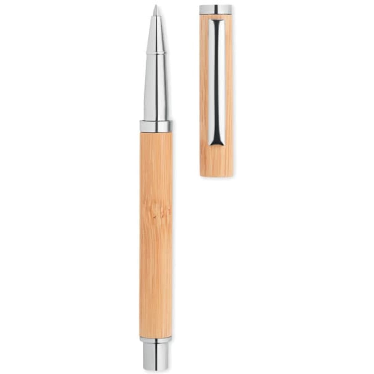 A pen with a bamboo body and chrome accents, displayed with its cap off. The pen features a sleek design.